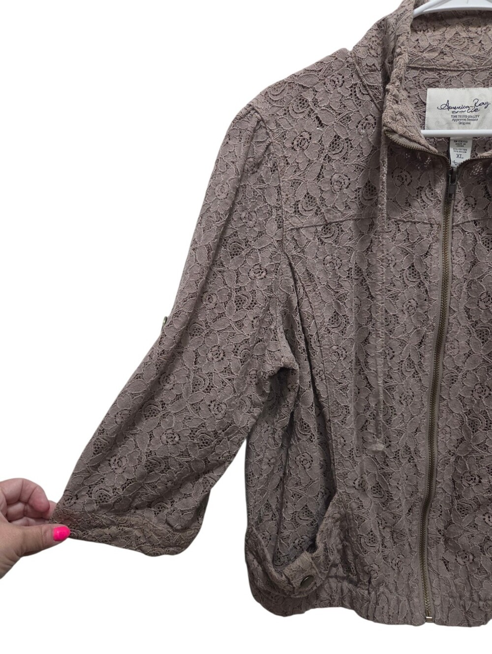 American Rag Lace Zip Jacket XL Taupe Roll Tab Sleeve Cotton Blend Shacket - Picture 6 of 7